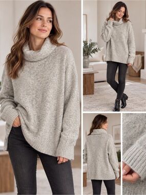 Babaton Merino Wool Yak Cowl Neck Oversized Sweater Grey Size M